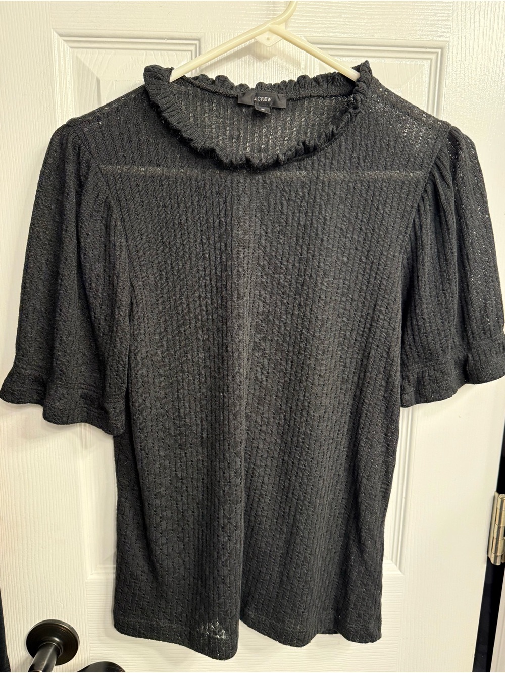 J. Crew Black Textured Short Sleeve Top with Ruffle Collar